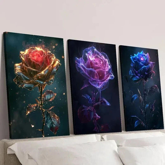 3pcs Fantasy Gold Purple Blue Rose Flower Wall Art Set Canvas Framed 40x60cm - High Quality Print 100% Australian Made Wall Canvas Ready to Hang