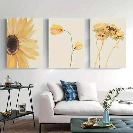 3pcs Yellow Floral Green Lines Metal Print Ready to Hang Art