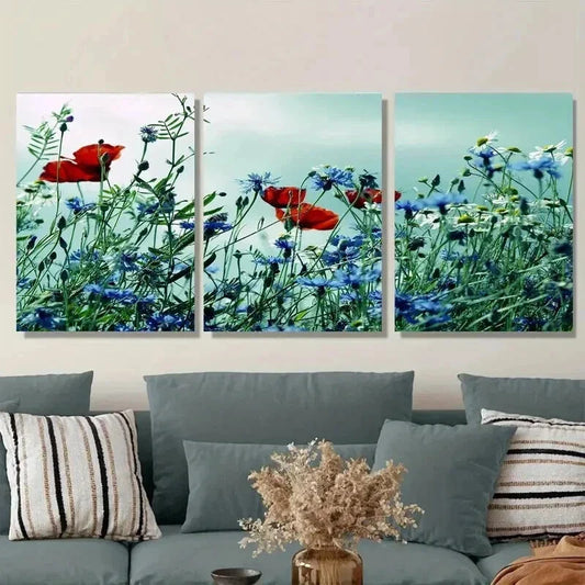 3pcs Beautiful Red Poppy and Blue Flower Wall Art Set Canvas Framed 40x60cm - High Quality Print 100% Australian Made Wall Canvas Ready to Hang