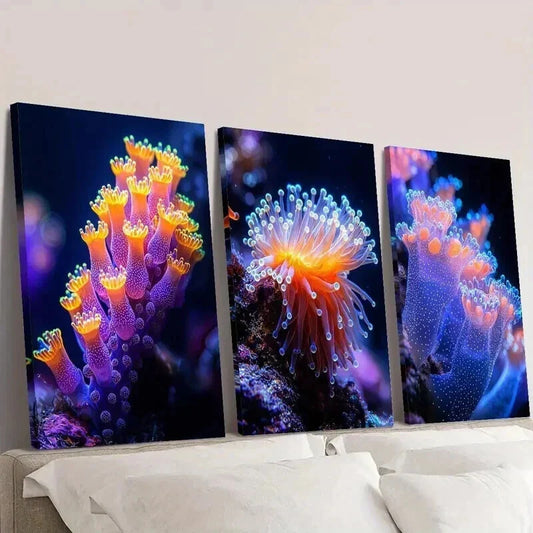 3pcs Luminous Underwater Coral and Marine Life Wall Art Set Canvas Framed 40x60cm - High Quality Print 100% Australian Made Wall Canvas Ready to Hang