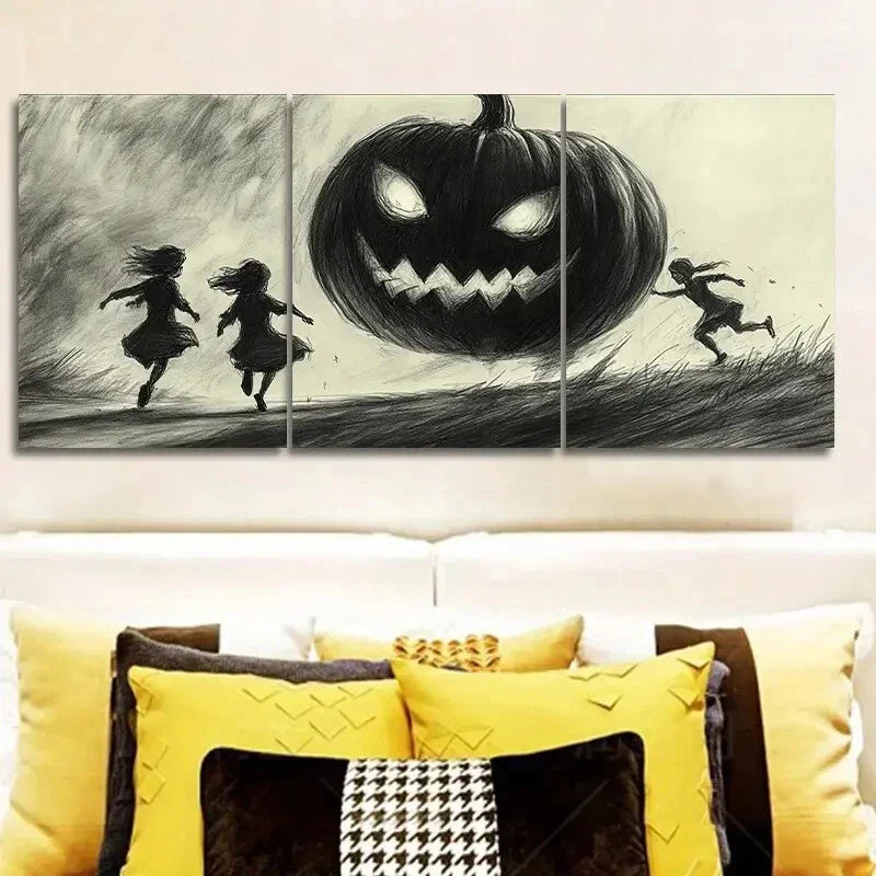 3pcs Giant Pumpkins and Kids Art Deco Metal Print Ready to Hang Art