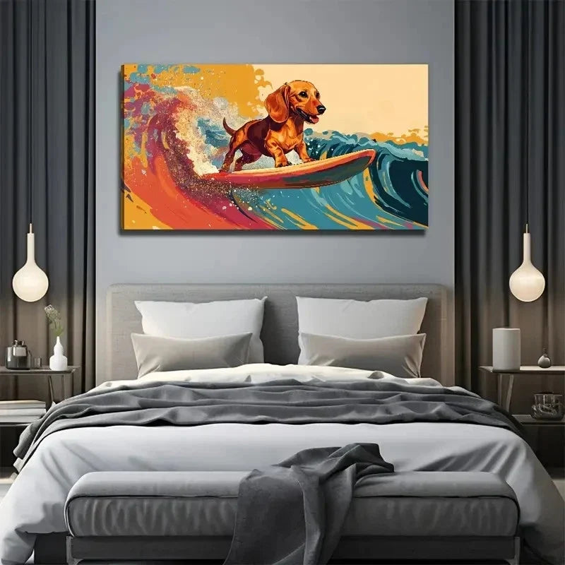Modern Learn To Surf The Dog Wall Art Canvas Office Home Room Framed 80x45cm