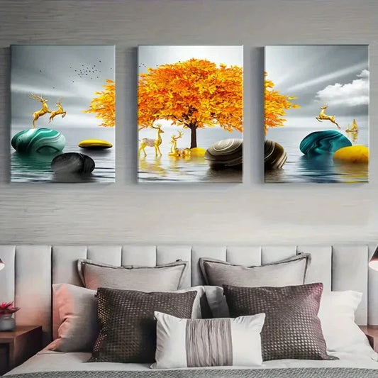 3pcs Golden Tree and Elk Modern Deer and Abstract Metal Print Ready to Hang Art