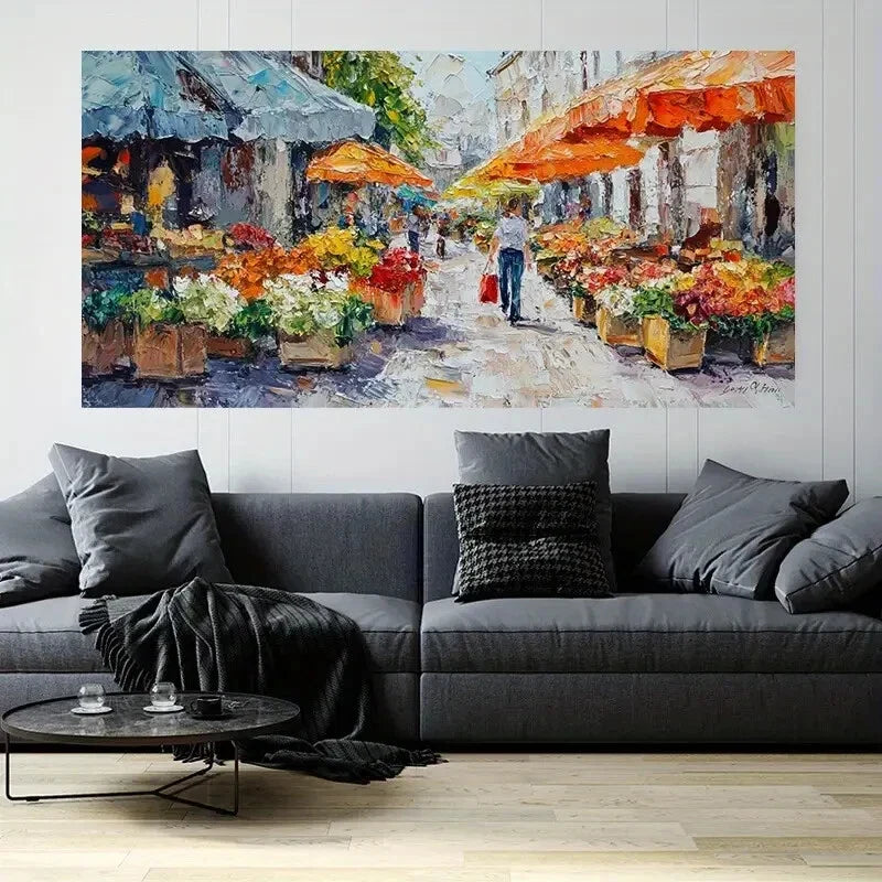 Vibrant Street Scene Market Wall Art Canvas Office Home Room Framed 120x60cm