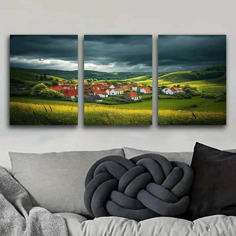 3pcs A little village with red roofs Metal Print Ready to Hang Art