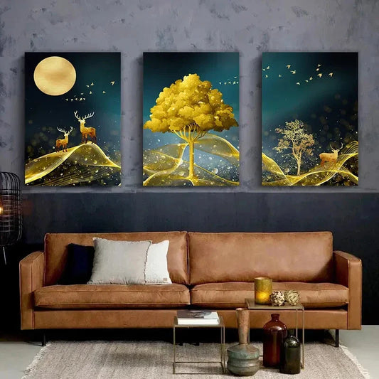 3pcs Golden Deer and Tree Enchanted Forest Metal Print Ready to Hang Art