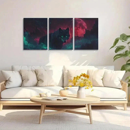 3pcs Majestic Wolf with Glowing Green Eyes Wall Art Set Canvas Framed 40x60cm - High Quality Print 100% Australian Made Wall Canvas Ready to Hang