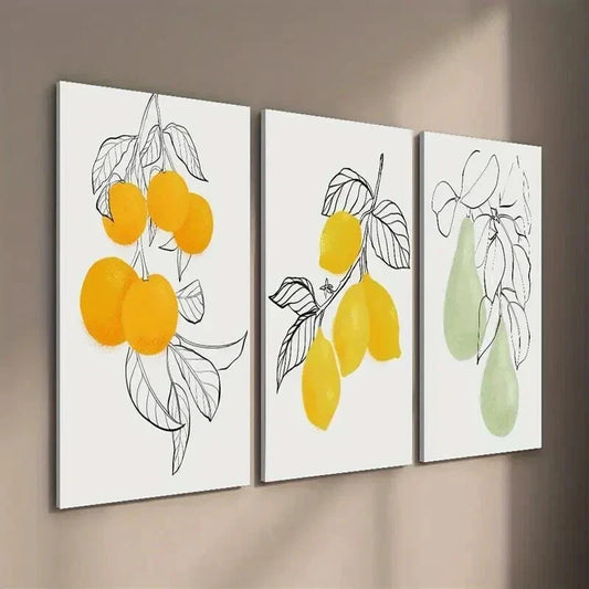 3pcs Line Drawing of Orange Lemon Pear Wall Art Set Canvas Framed 40x60cm - High Quality Print 100% Australian Made Wall Canvas Ready to Hang