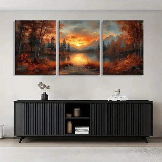 3pcs Sunset Lake Autumn Forest Orange Perfect Wall Art Set Canvas Framed 40x60cm - High Quality Print 100% Australian Made Wall Canvas Ready to Hang
