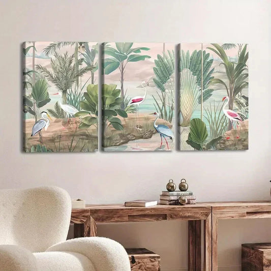 3pcs Tropical Forest & Birds Trees River Clouds Wall Art Set Canvas Framed 40x60cm - High Quality Print 100% Australian Made Wall Canvas Ready to Hang