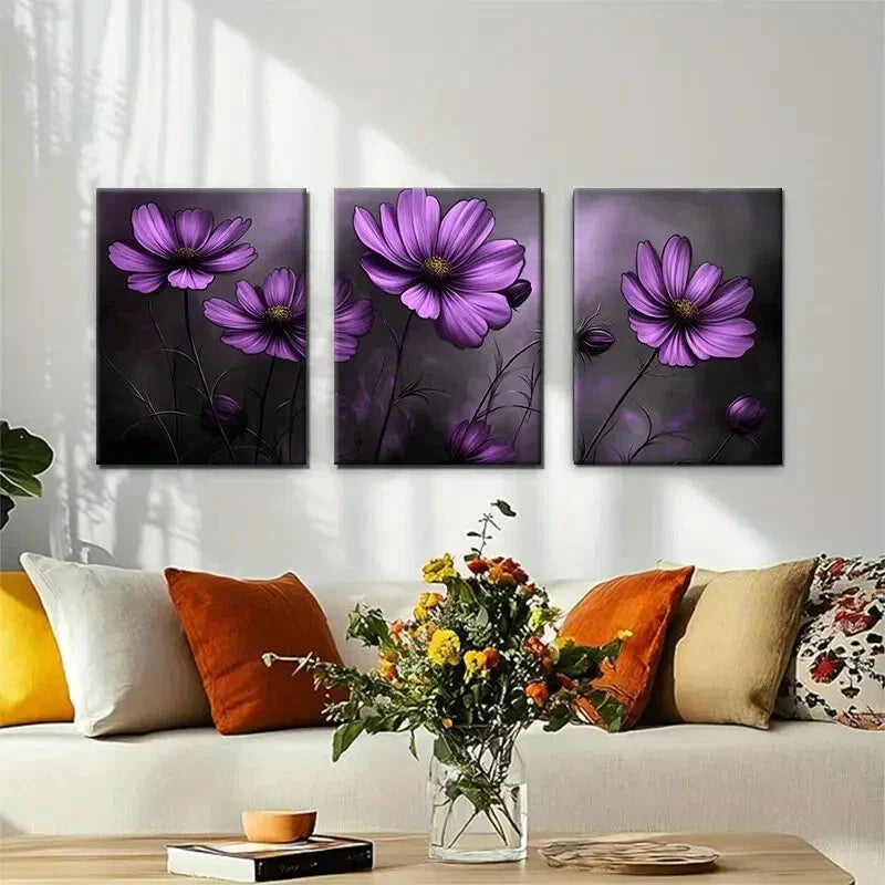 3pcs Purple Cosmos Flowers Soft Dark Perfect Wall Art Set Canvas Framed 40x60cm - High Quality Print 100% Australian Made Wall Canvas Ready to Hang