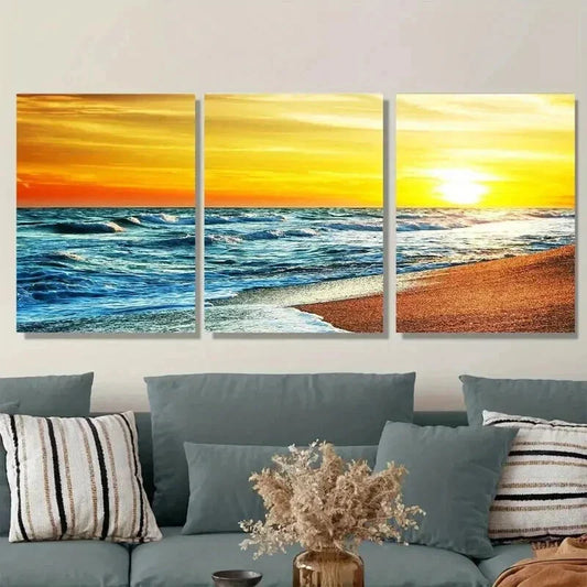 3pcs Ocean Waves & Sandy Shoreline Sunset Beach Wall Art Set Canvas Framed 40x60cm - High Quality Print 100% Australian Made Wall Canvas Ready to Hang