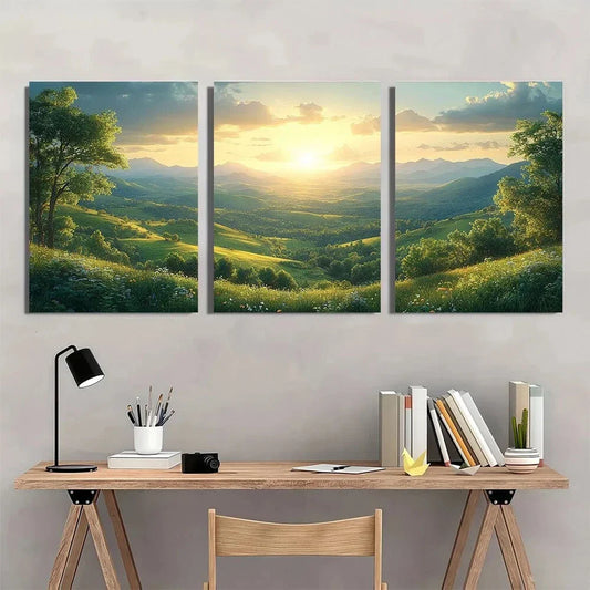 3pcs Rolling Green Hills & Sunrise Metal Print Ready to Hang Art