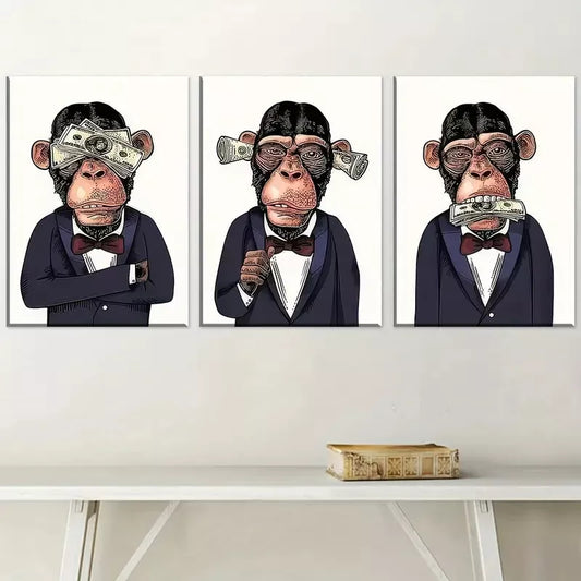 3pcs Modern Aesthetic Fashion Monkey Gentleman Wall Art Set Canvas Framed 40x60cm - High Quality Print 100% Australian Made Wall Canvas Ready to Hang