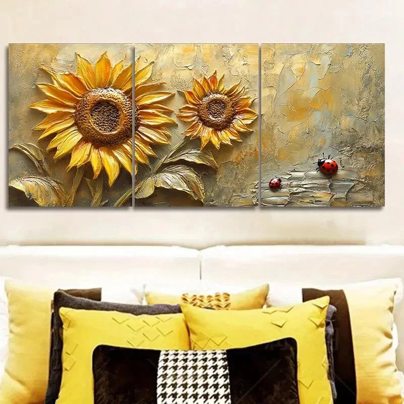3pcs Sunflowers and ladybugs, Metal Print Ready to Hang Art