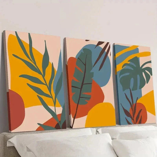 3pcs Abstract Leaves & Geometric Shapes Wall Art Set Canvas Framed 40x60cm - High Quality Print 100% Australian Made Wall Canvas Ready to Hang