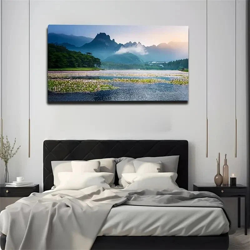 Serene Lake And Mountain Wall Art Canvas Office Home Room Framed 80x45cm