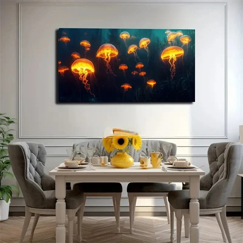 Glowing Jellyfish Ocean Current Wall Art Canvas Office Home Room Framed 120x60cm