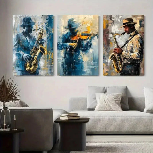 3pcs Saxophone, Violin, Saxophone Player Yellow Metal Print Ready to Hang Art