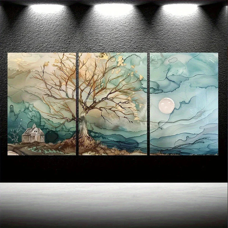 3pcs Riverside Tree Modern Artwork Metal Print Ready to Hang Art