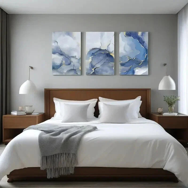 3pcs Blue and Golden Abstract Metal Print Ready to Hang Art