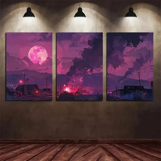 3pcs Pink Moonlit Abandoned Town Metal Print Ready to Hang Art
