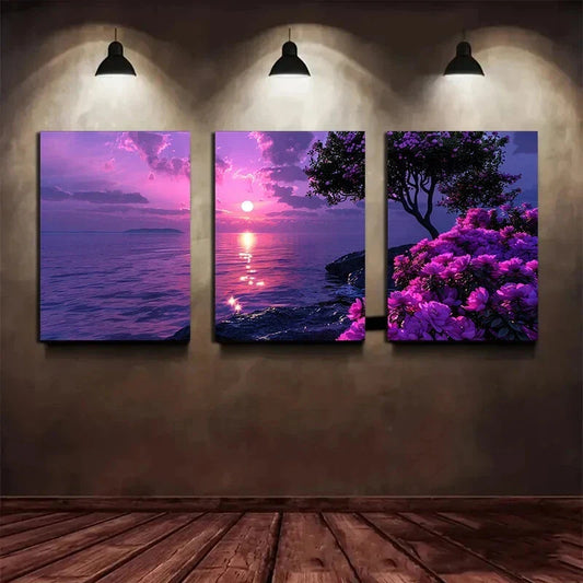 3pcs Sunset Lake and Cherry Blossoms Metal Print Ready to Hang Art
