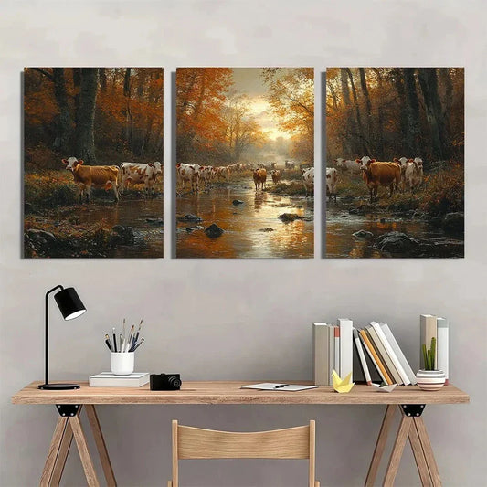 3pcs Rustic Autumn Cows by Stream Vintage Metal Print Ready to Hang Art