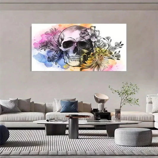 Vibrant Floral Skull Design Wall Art Canvas Office Home Room Framed 80x45cm