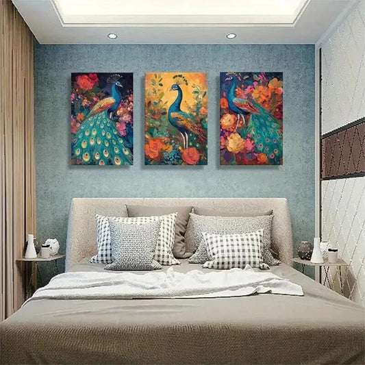3pcs Peacock and Floral Colorful Nature Prefect Wall Art Set Canvas Framed 40x60cm - High Quality Print 100% Australian Made Wall Canvas Ready to Hang