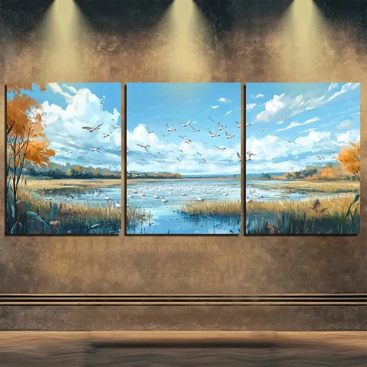 3pcs Peaceful Nature Lake Birds Fly Perfect Wall Art Set Canvas Framed 40x60cm - High Quality Print 100% Australian Made Wall Canvas Ready to Hang
