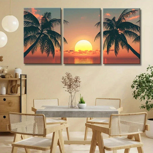 3pcs Beach Palm Tree Ocean Sunset Coastal Metal Print Ready to Hang Art