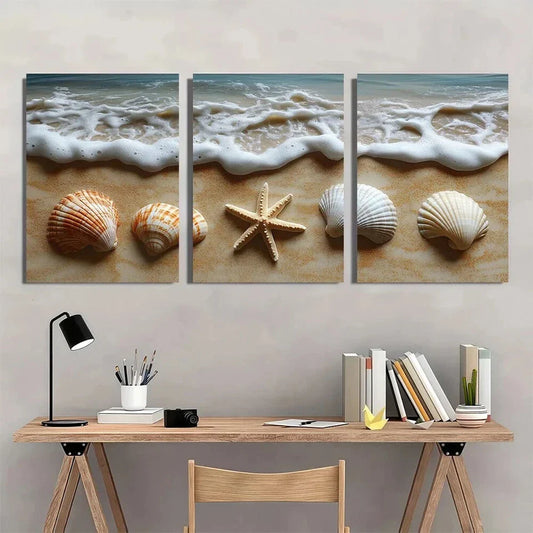 3pcs Green Ocean Beach Seashell and Starfish Metal Print Ready to Hang Art