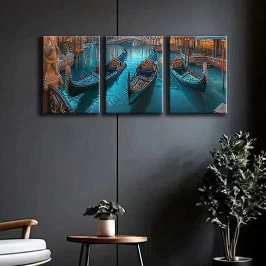 3pcs Venetian Canal Gondolas Dark Blue Perfect Vibes Wall Art Set Canvas Framed 40x60cm - High Quality Print 100% Australian Made Wall Canvas Ready to Hang