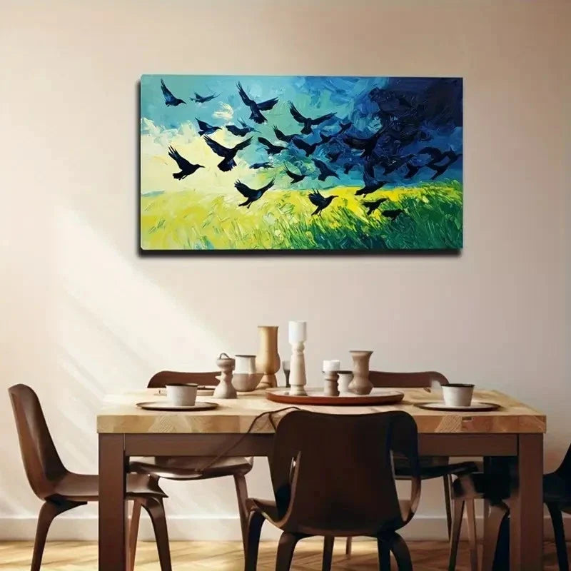 Black Crows On The Prairie Wall Art Canvas Office Home Room Framed 120x60cm