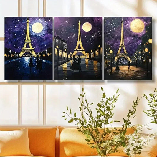 3pcs Eiffel Tower Night Scene Moonlit Metal Print Ready to Hang Art