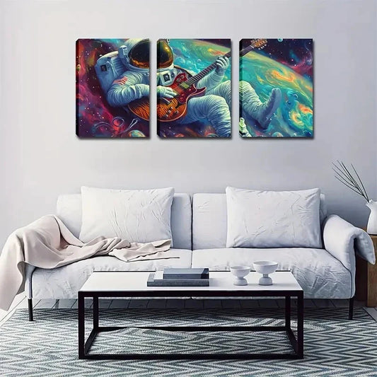 3pcs Astronaut Playing Guitar in Space Wall Art Set Canvas Framed 40x60cm - High Quality Print 100% Australian Made Wall Canvas Ready to Hang