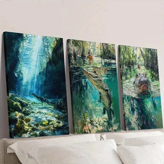 3pcs Rainforest Crocodiles in Freshwater Wall Art Set Canvas Framed 40x60cm - High Quality Print 100% Australian Made Wall Canvas Ready to Hang