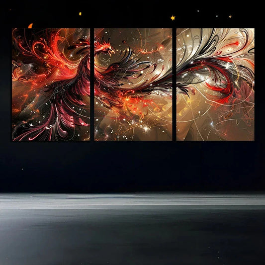 3pcs Phoenix Abstract Firebird Modern Decorative Metal Print Ready to Hang Art