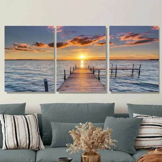 3pcs Sunset Dock Paintings Sky Wall Art Set Canvas Framed 40x60cm - High Quality Print 100% Australian Made Wall Canvas Ready to Hang