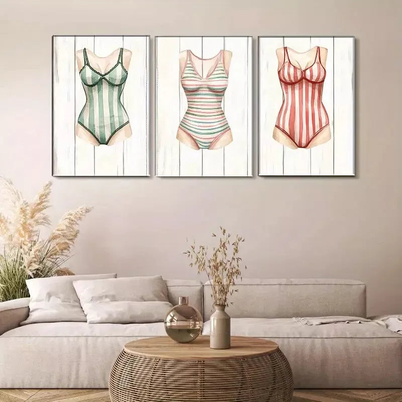 3pcs Vintage - style Swimsuit Triptych Wall Art Set Canvas Framed 40x60cm - High Quality Print 100% Australian Made Wall Canvas Ready to Hang