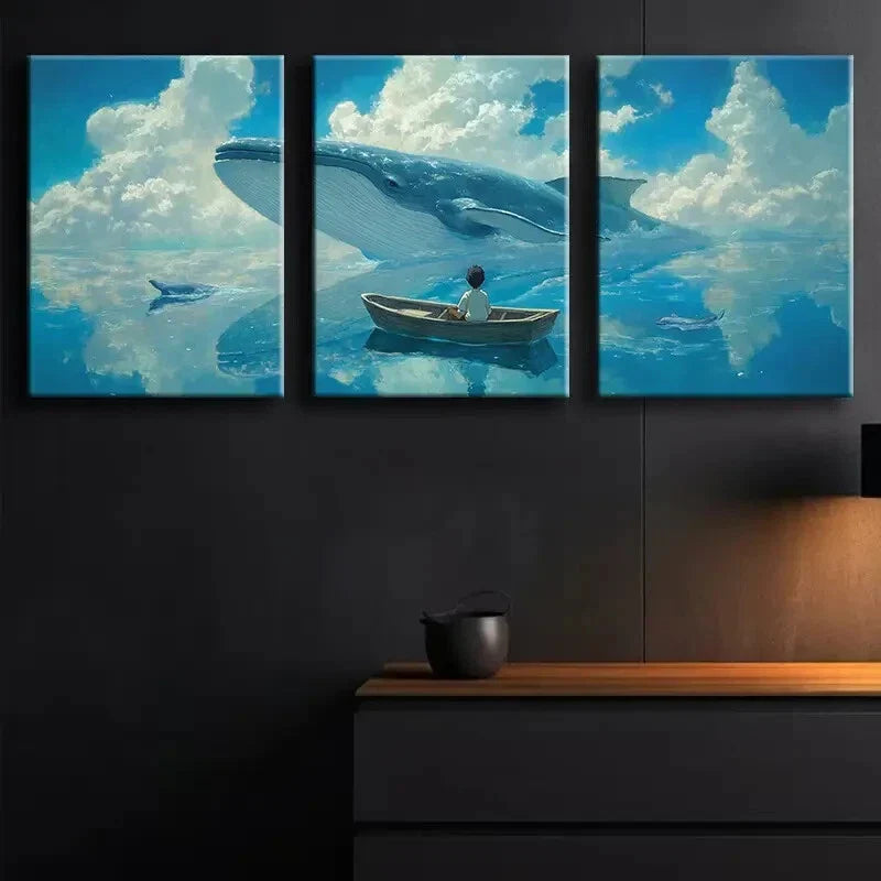 3pcs Whale and Boy Wall Blue Ocean Nature Colorful Wall Art Set Canvas Framed 40x60cm - High Quality Print 100% Australian Made Wall Canvas Ready to Hang