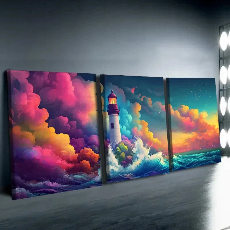 3pcs Lighthouse on the Sea Colorful Sky Perfect Wall Wall Art Set Canvas Framed 40x60cm - High Quality Print 100% Australian Made Wall Canvas Ready to Hang