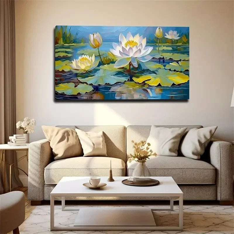 Water Lilies With Bright Yellow Wall Art Canvas Office Home Room Framed 80x45cm