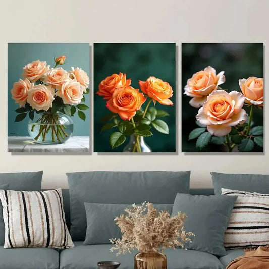 3pcs Beautiful Rose Bouquet Coordinated Metal Print Ready to Hang Art