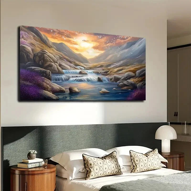 Serene Sunlit Mountain & Water Wall Art canvas office home room framed 120x60cm