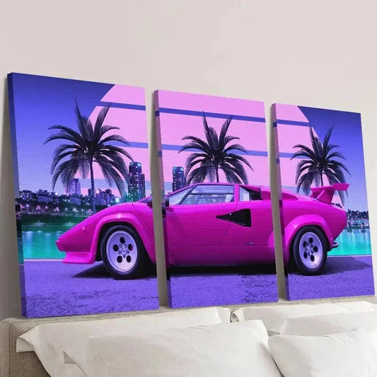 3pcs Vibrant Pink Sports Car Trees & Cityscape Wall Art Set Canvas Framed 40x60cm - High Quality Print 100% Australian Made Wall Canvas Ready to Hang