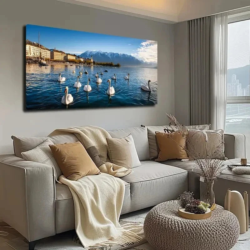 A Group Of Swans On The Lake Wall Art Canvas Office Home Room Framed 80x45cm