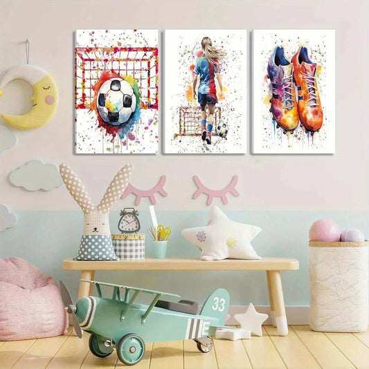 3pcs Colorful Graffiti Soccer Sneakers Metal Print Ready to Hang Art