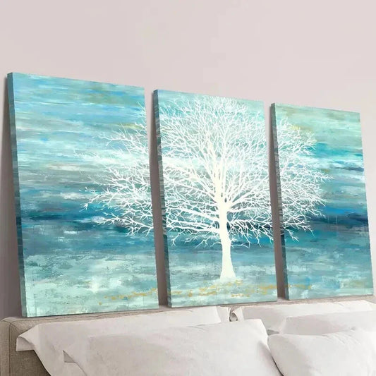 3pcs Cyan and Blue Landscape & White Tree Wall Art Set Canvas Framed 40x60cm - High Quality Print 100% Australian Made Wall Canvas Ready to Hang